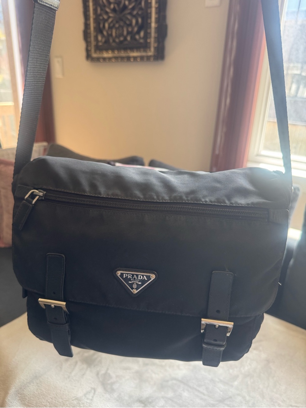 Prada Black Nylon Messenger bag/ shoulder Bag with Silver Hardware